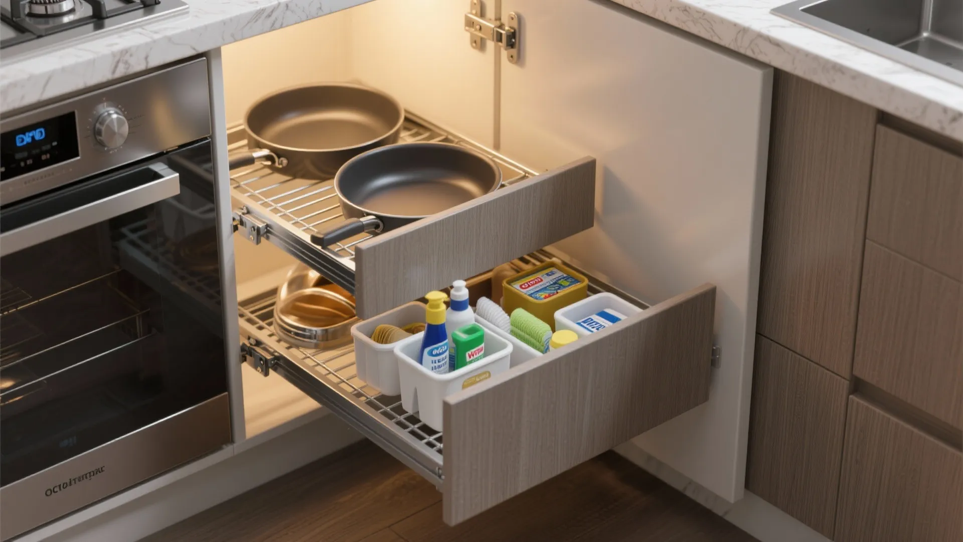 Pull out kitchen cabinet metal wire shelves holding black pans and white plastic storage boxes