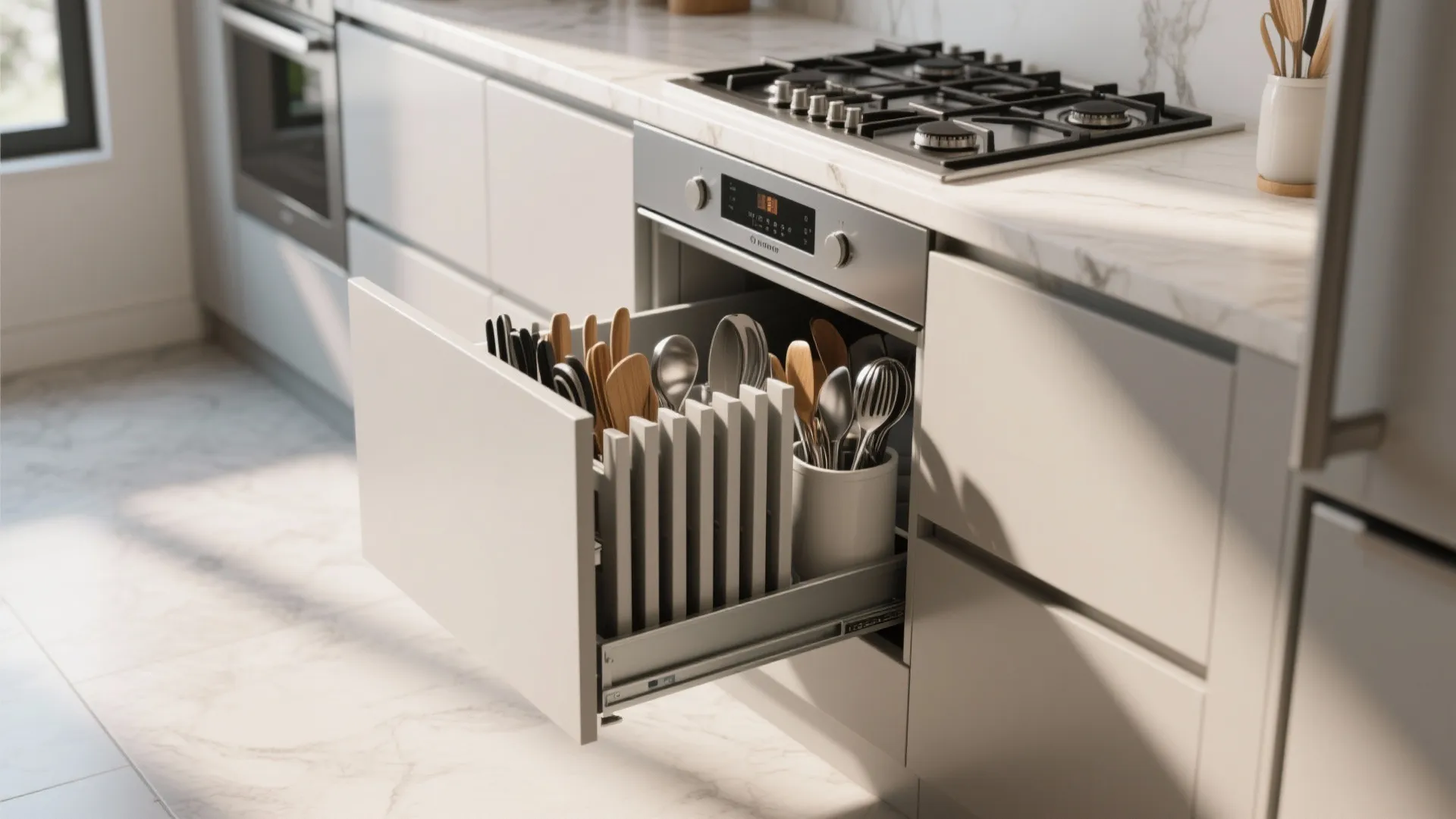Open kitchen cabinet drawer showing organized storage for wooden spoons metal whisks and cooking tools