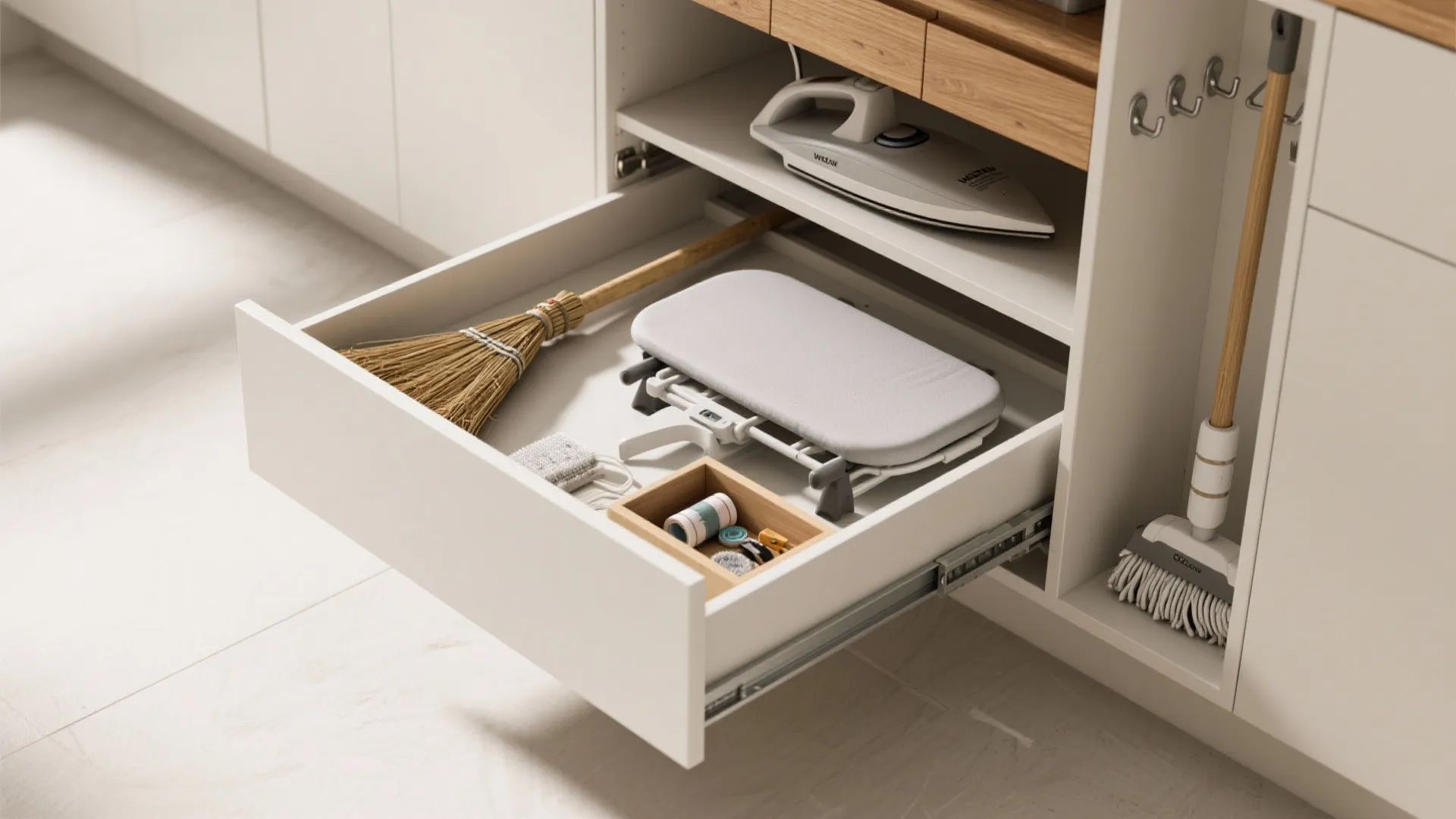 Open white drawer storing a small ironing board broom and cleaning supplies in organized cabinet