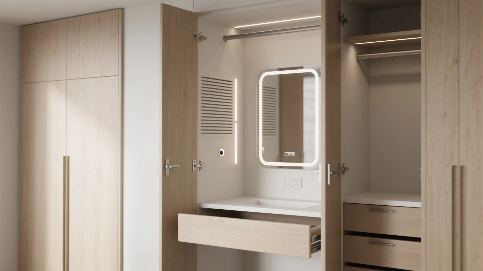 3) Wardrobe-Integrated Pull-Out Vanity