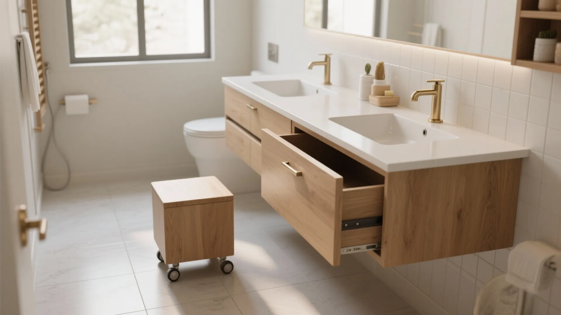 Floating vanity with pull-out stool cube on casters, hidden storage, keeping a narrow aisle clear.