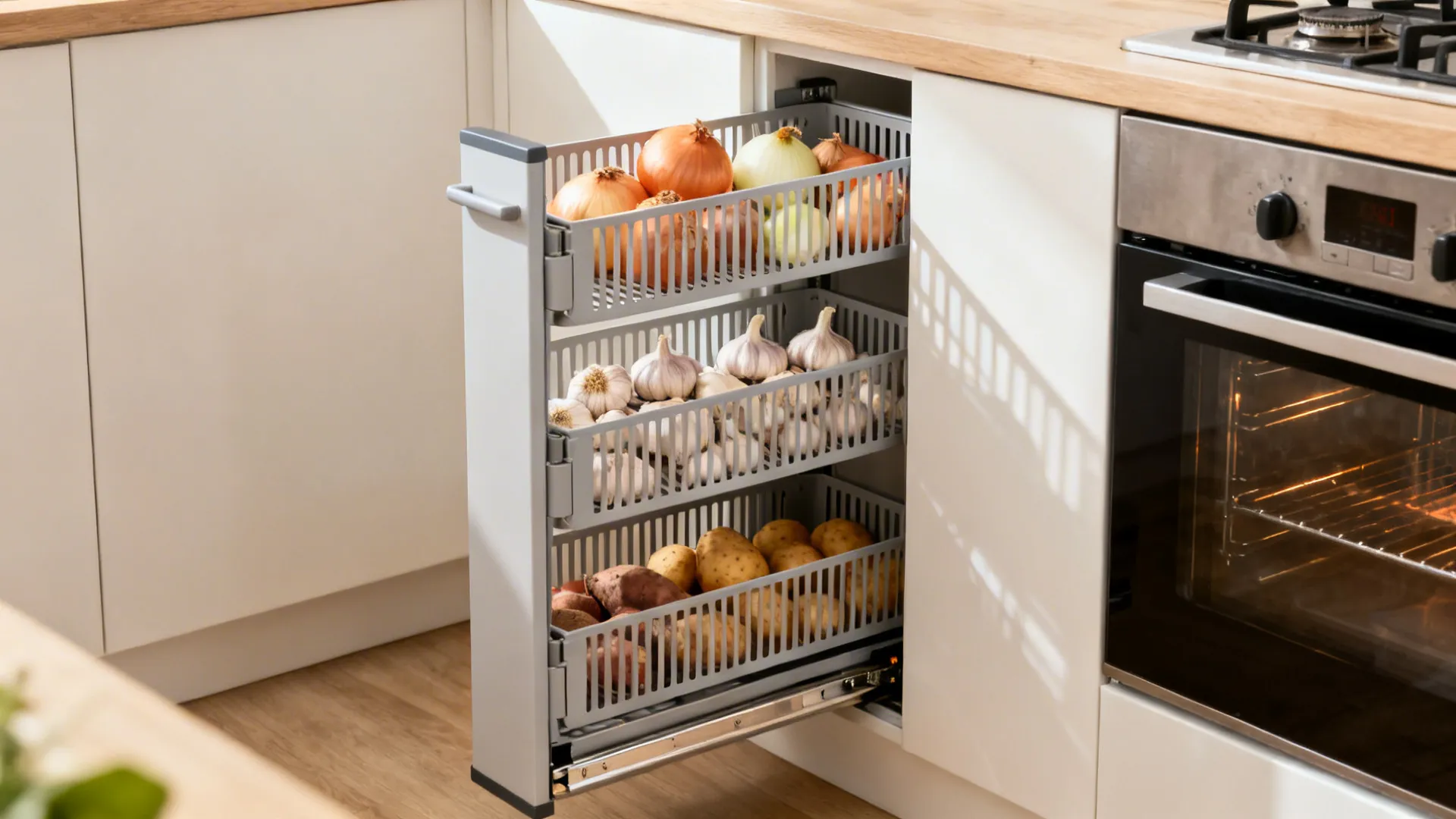 Slim pull-out rack with vented tiers stores onions, garlic, and roots separately in a compact kitchen.