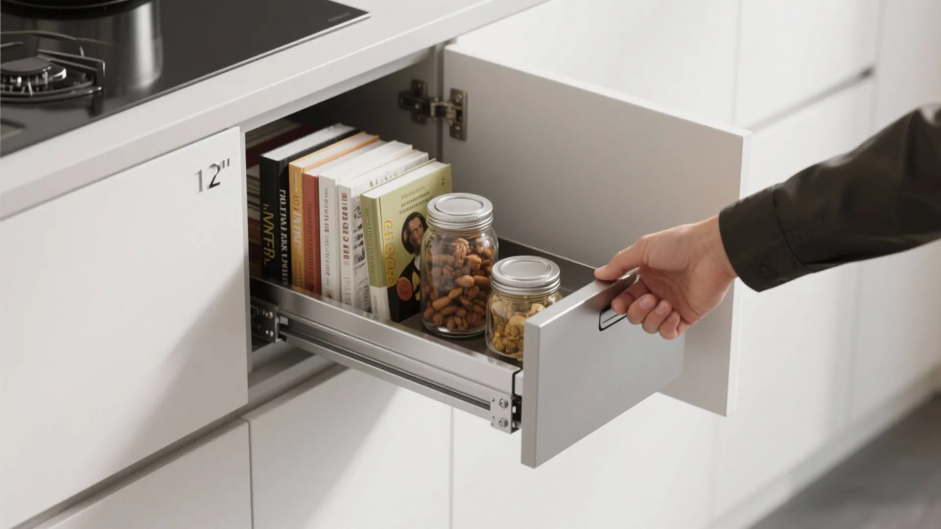 Hand pulling a slim white kitchen drawer filled with books and two glass storage jars