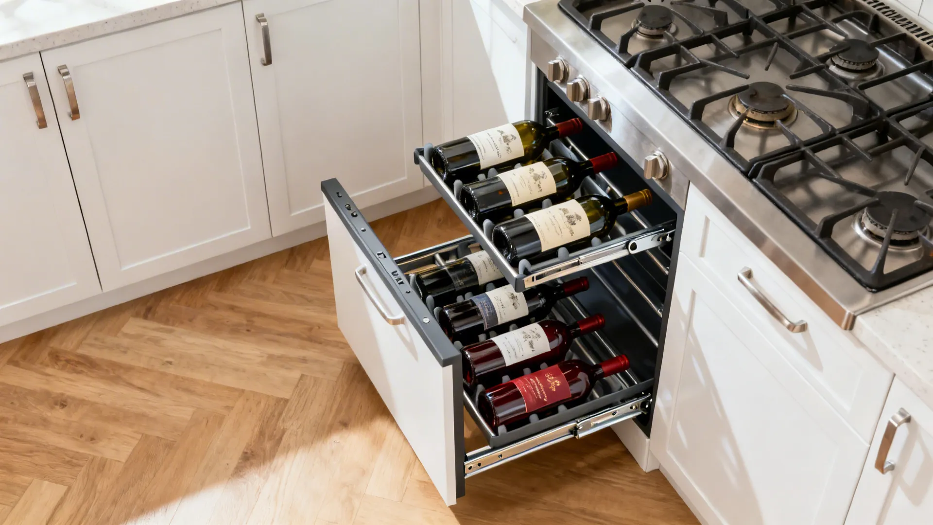 Top-down view of a slim pull-out vertical wine rack in a narrow base cabinet.