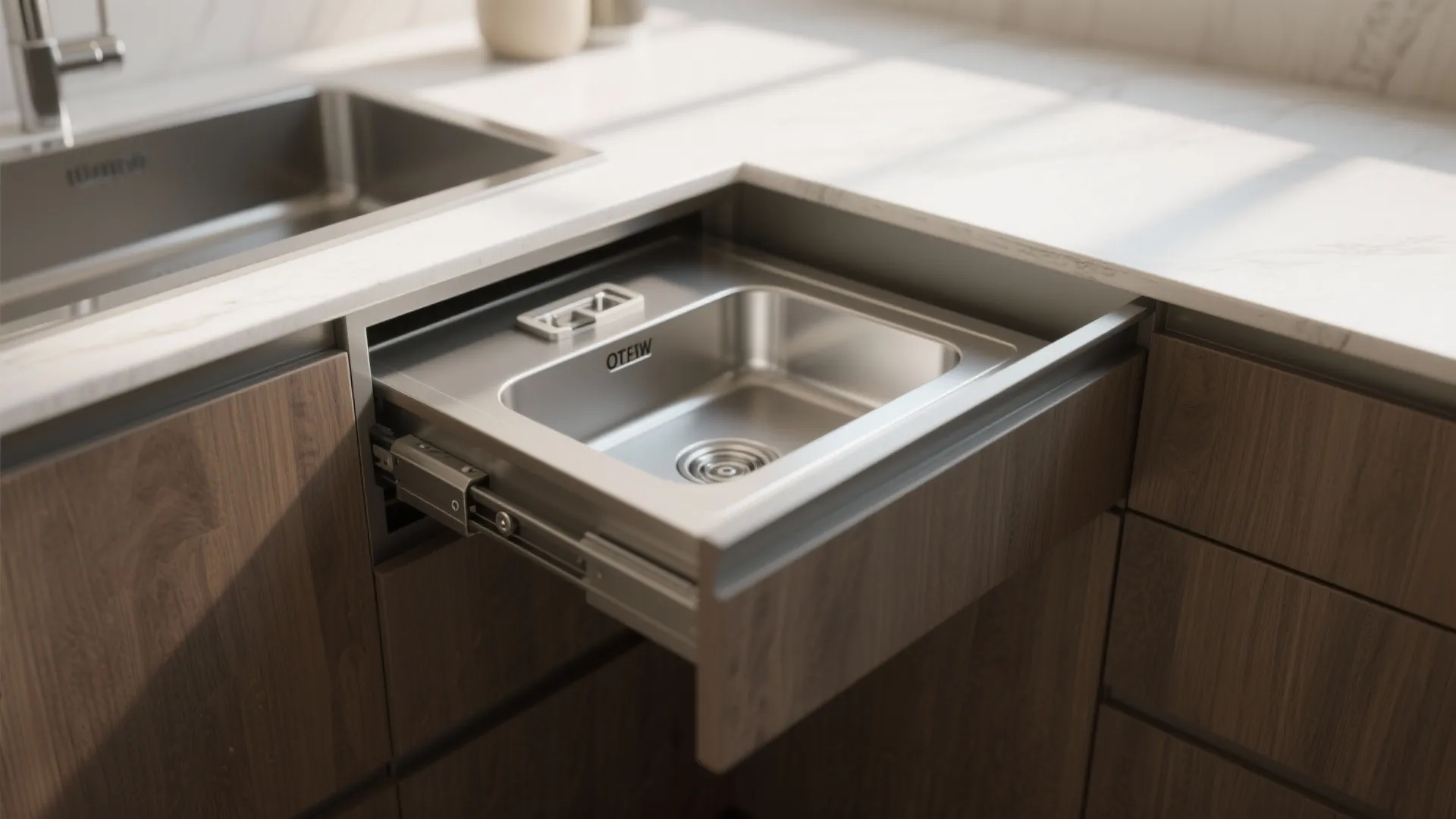 Close-up of a pull-out corner washing station with sliding sink module and visible hardware.