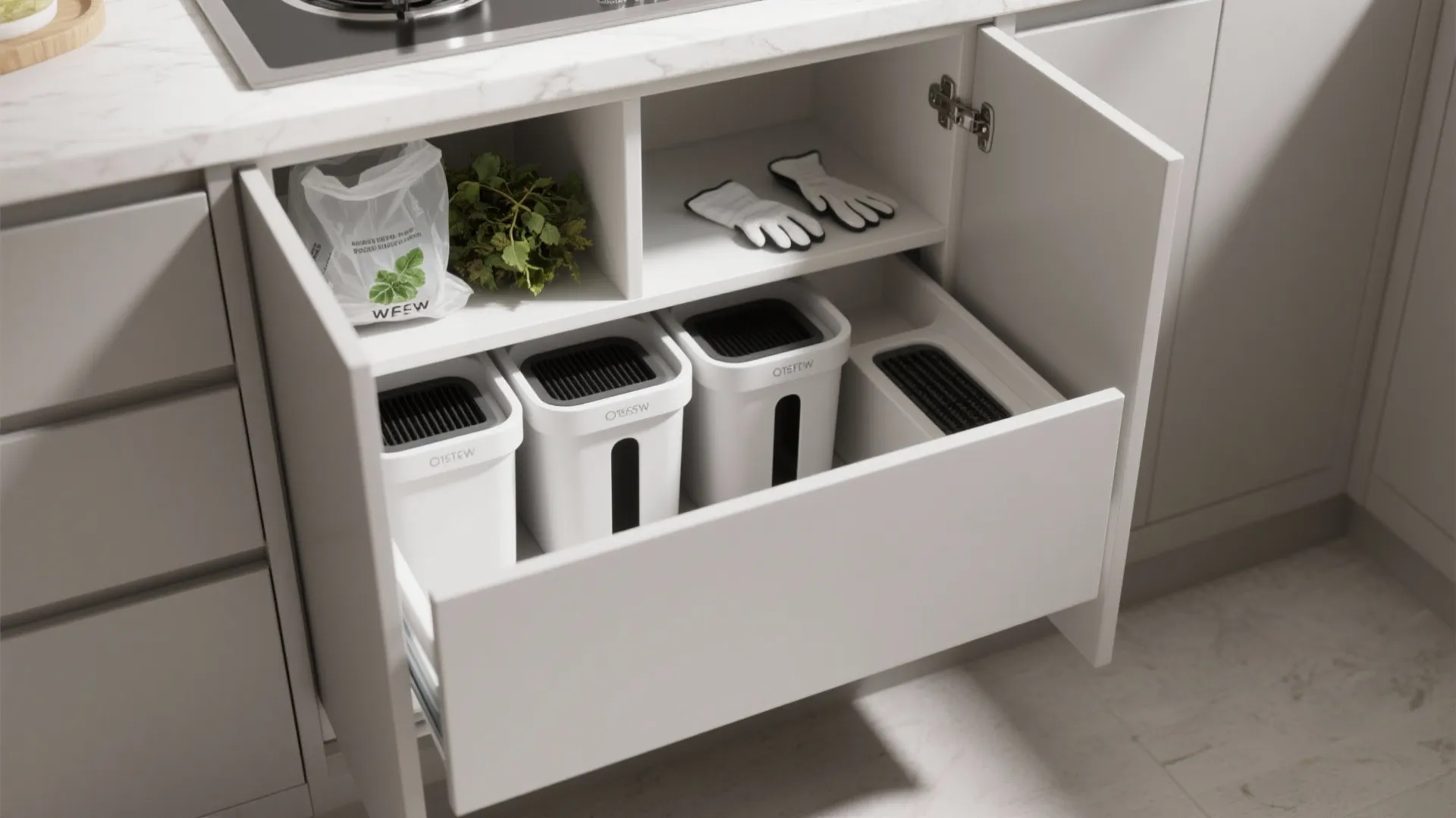 Modern white kitchen cabinet with an open drawer holding four separate white plastic waste bins
