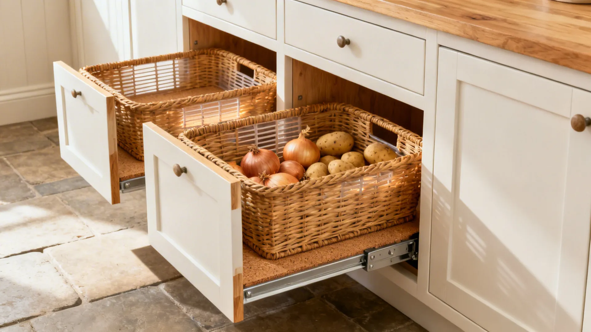 White kitchen cabinets with pull-out drawers holding wicker baskets filled with fresh potatoes and onions