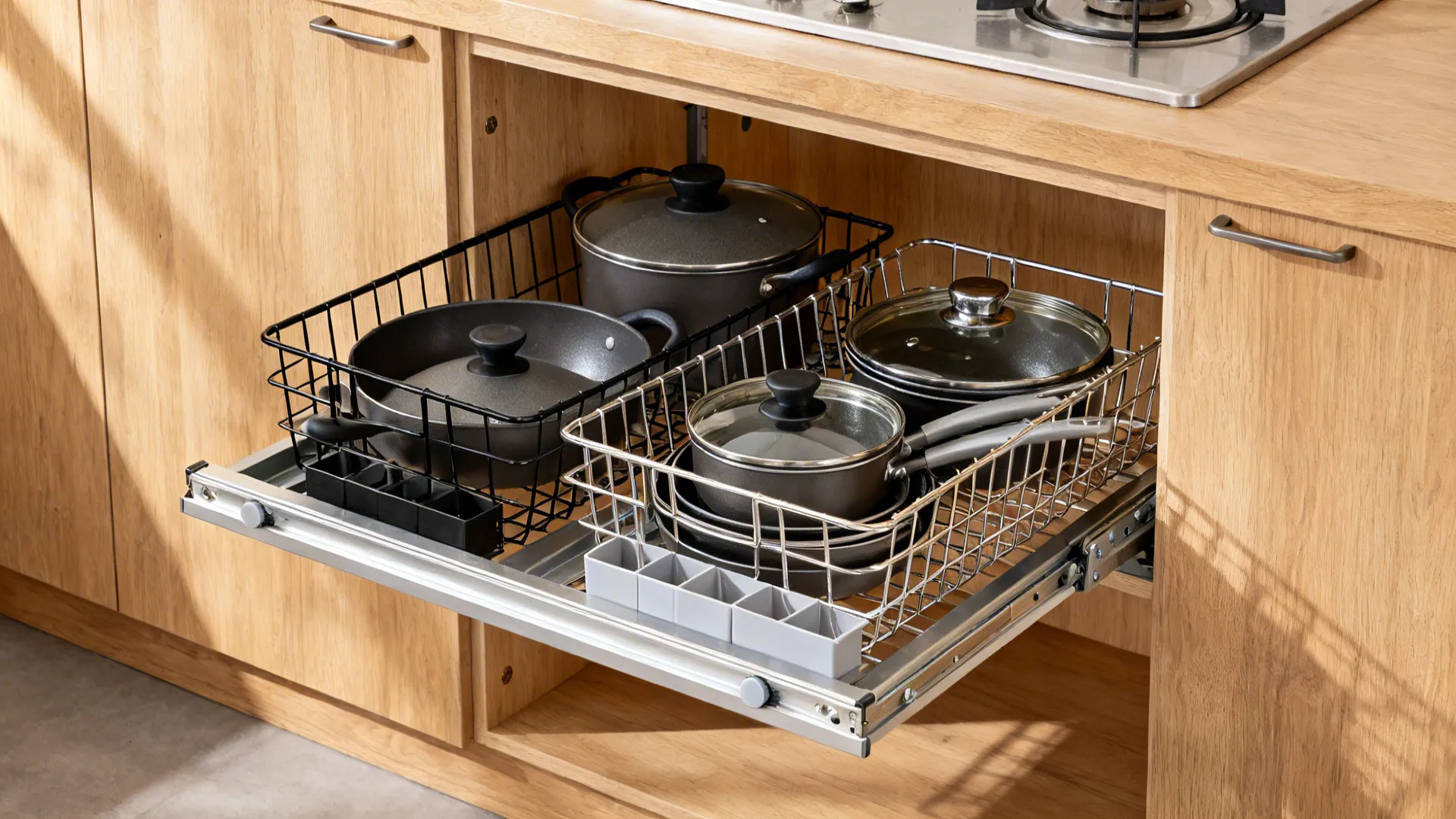 Pull out metal drawer inside wooden kitchen cabinet holding many black pots pans and glass lids