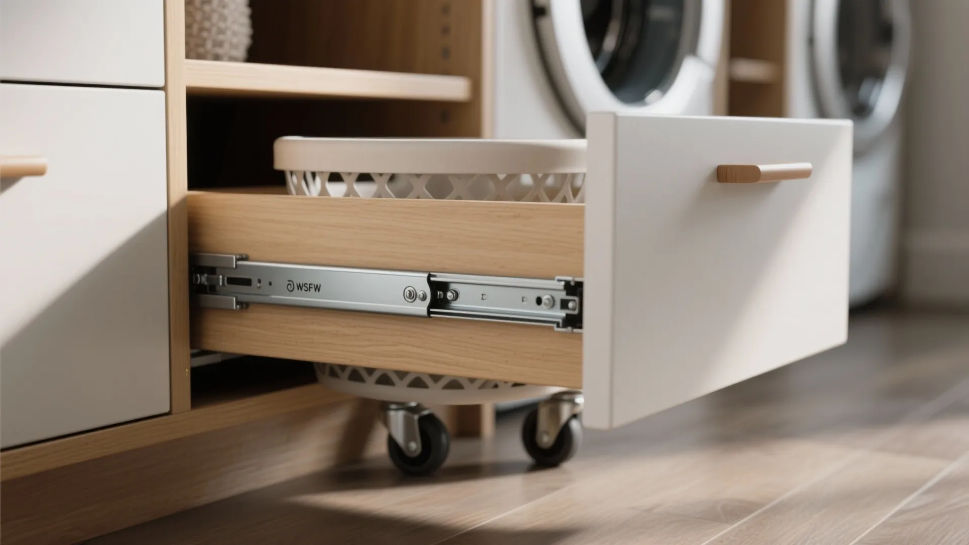 4. Pull-Out Workstation and Hidden Hampers