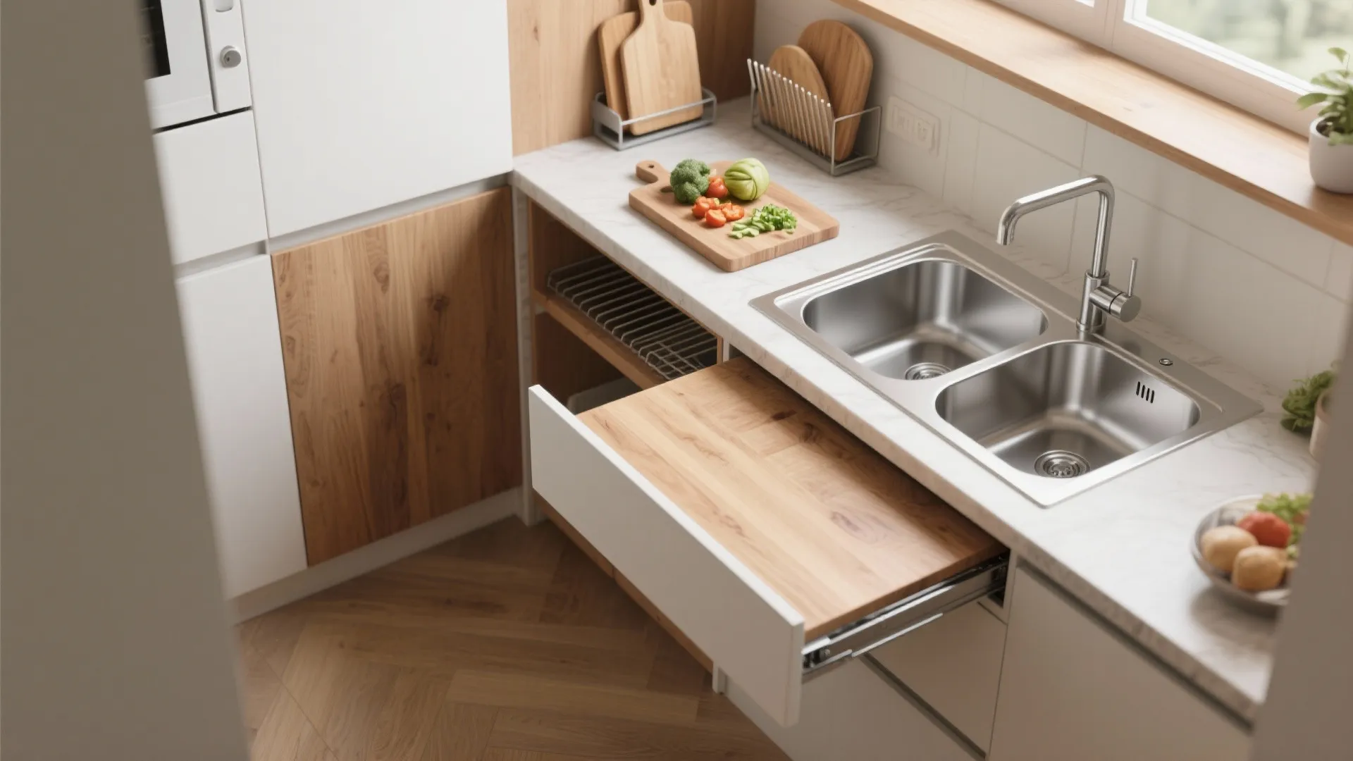 Kitchen with wooden pull out cutting board next to double sink and fresh vegetables on counter