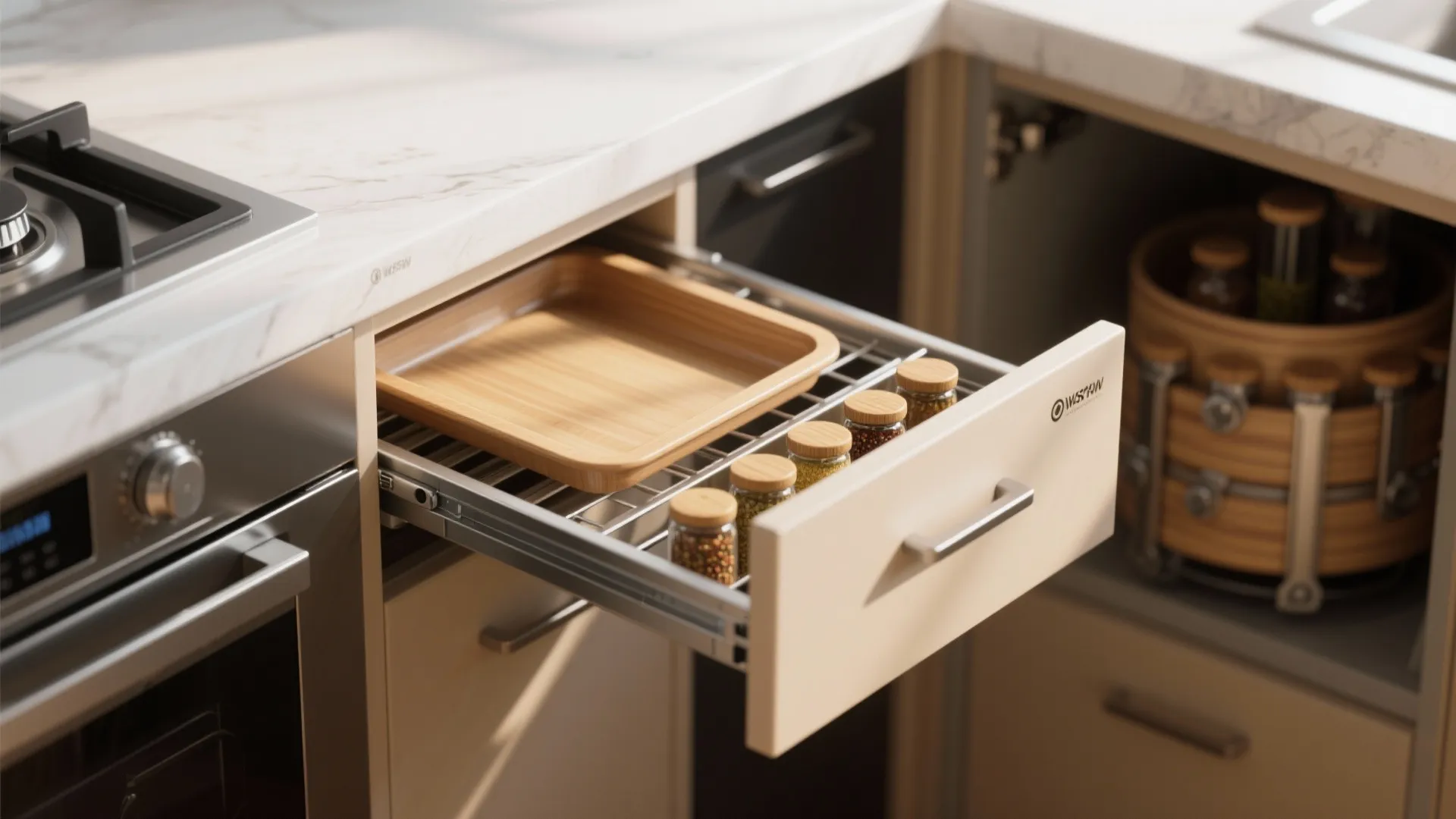 Open kitchen cabinet drawer with metal wire rack holding small glass spice jars and tray