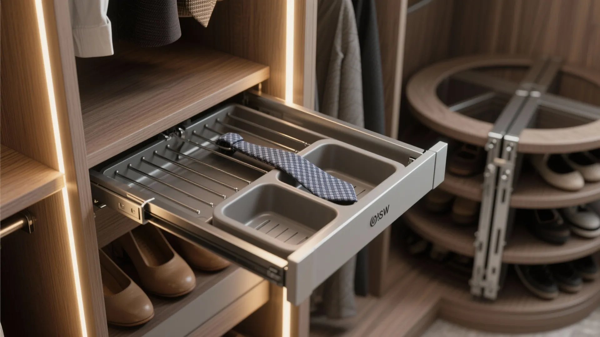 Close-up of an open closet drawer holding a tie next to a rotating shoe rack
