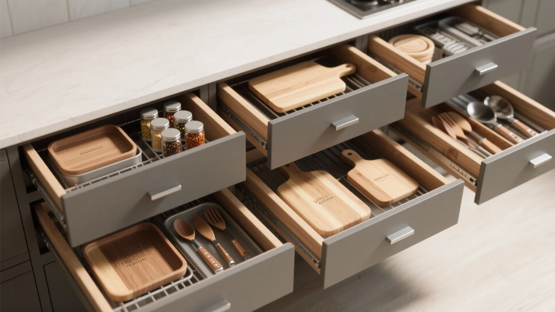 Grey kitchen cabinets with open drawers showing wooden organizers spice jars cutting boards and utensils
