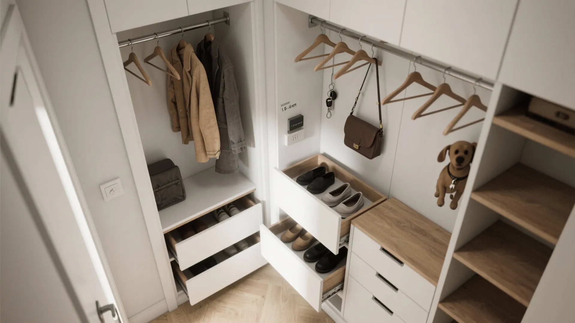 Top-down view of hall wardrobe interior with pull-out rails, angled hangers, and slim shoe drawers.
