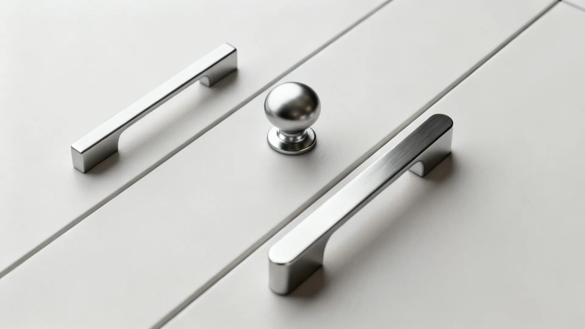 Macro lineup of a slim bar pull, round knob, and edge pull on sample fronts.