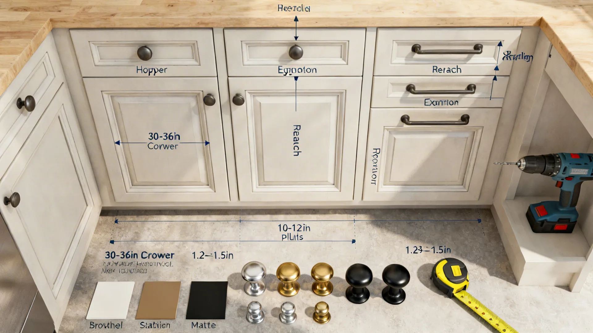 Top-down flat lay showing where knobs and pulls go on uppers and drawers with size guides.