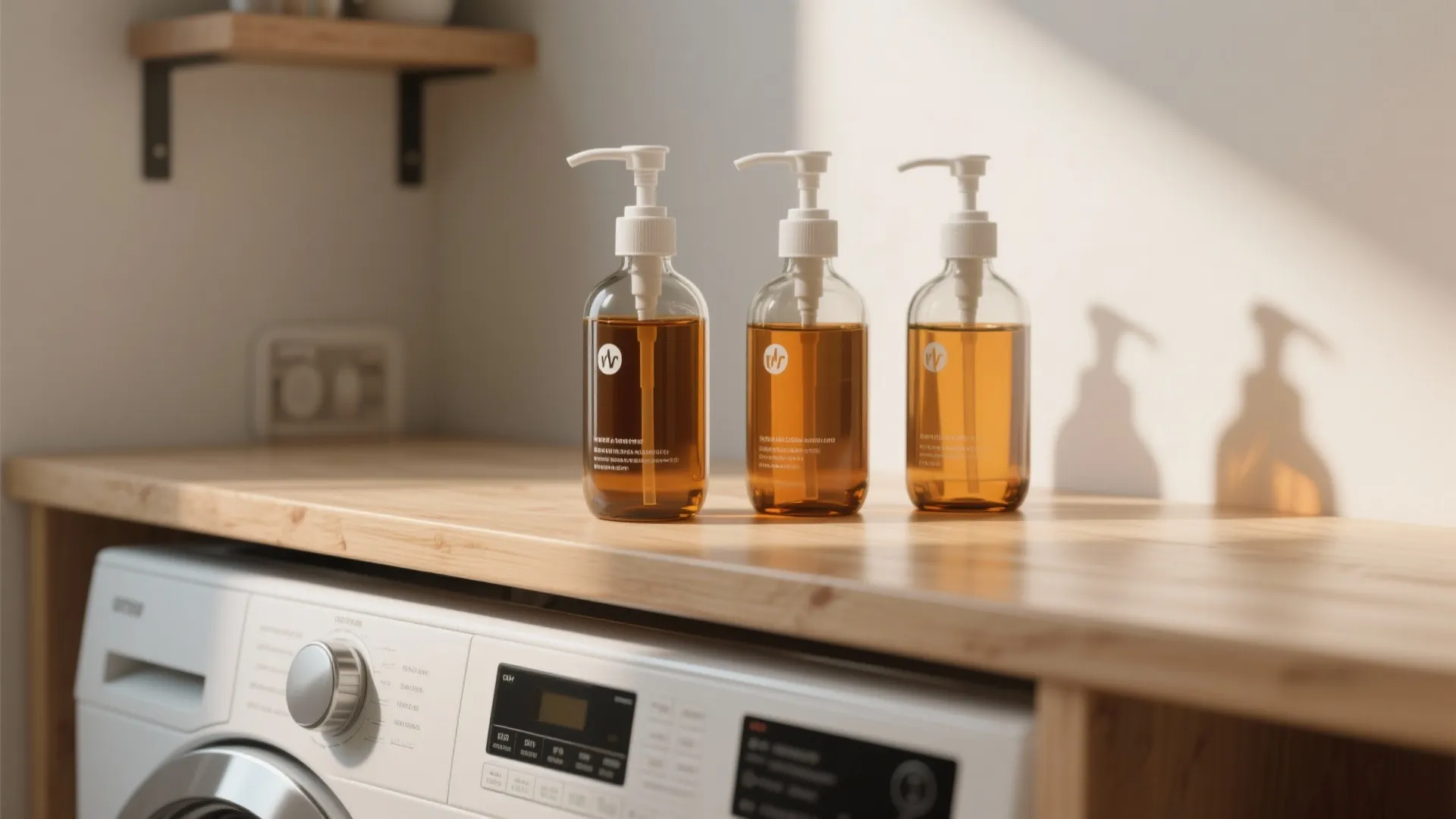Three amber glass pump bottles on a wooden counter above a modern white washing machine
