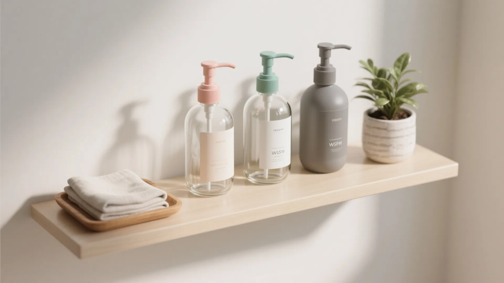 Three soap bottles with colorful pump tops on a light wooden shelf with green potted plant