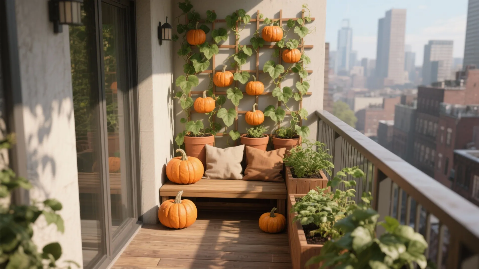 Modern balcony with wooden bench, orange pumpkins, green climbing plants, wall light, and city view