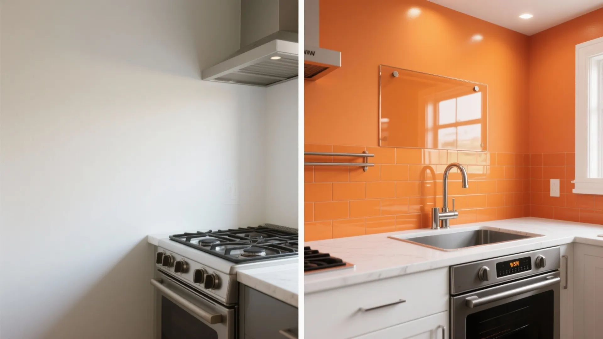 Before and after comparison of a white kitchen wall transformed into bright orange tiled backsplash