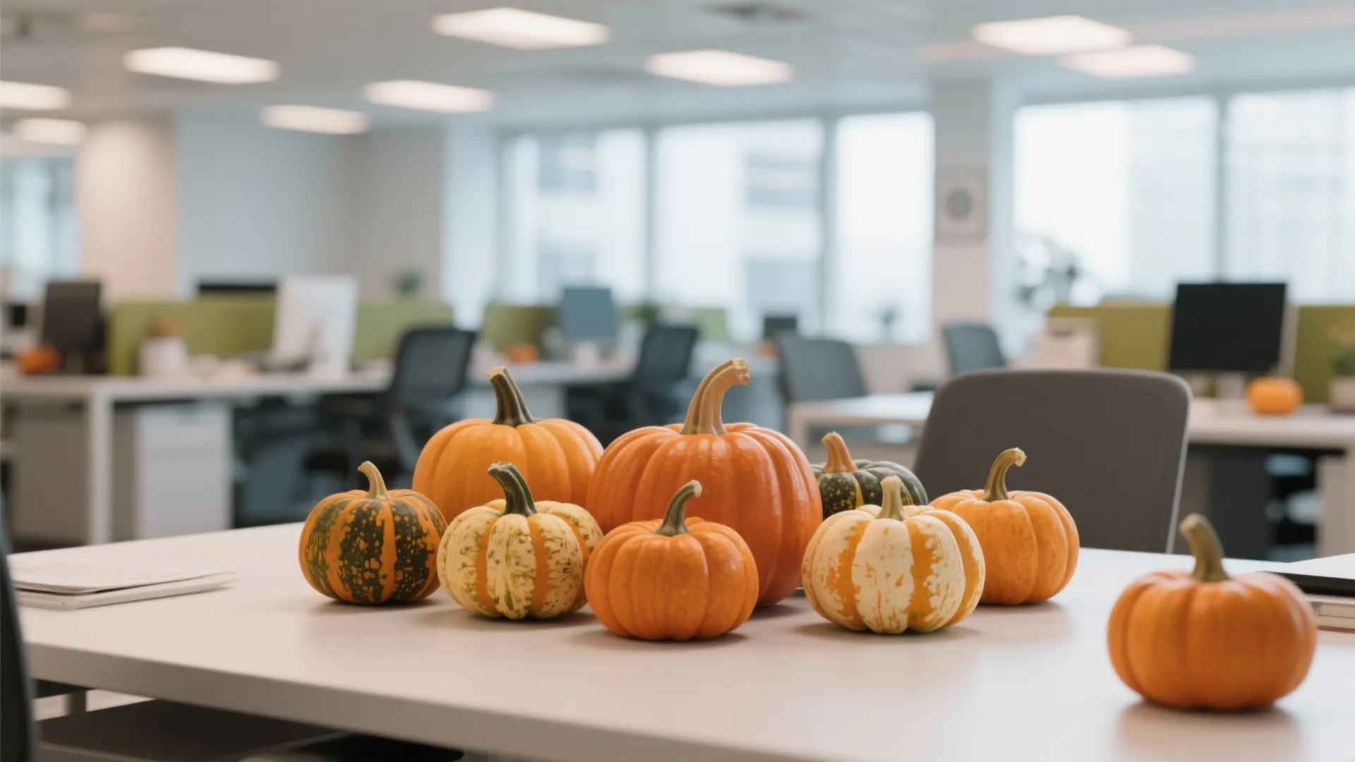 Group of colorful pumpkins and gourds arranged on a white desk in a modern office