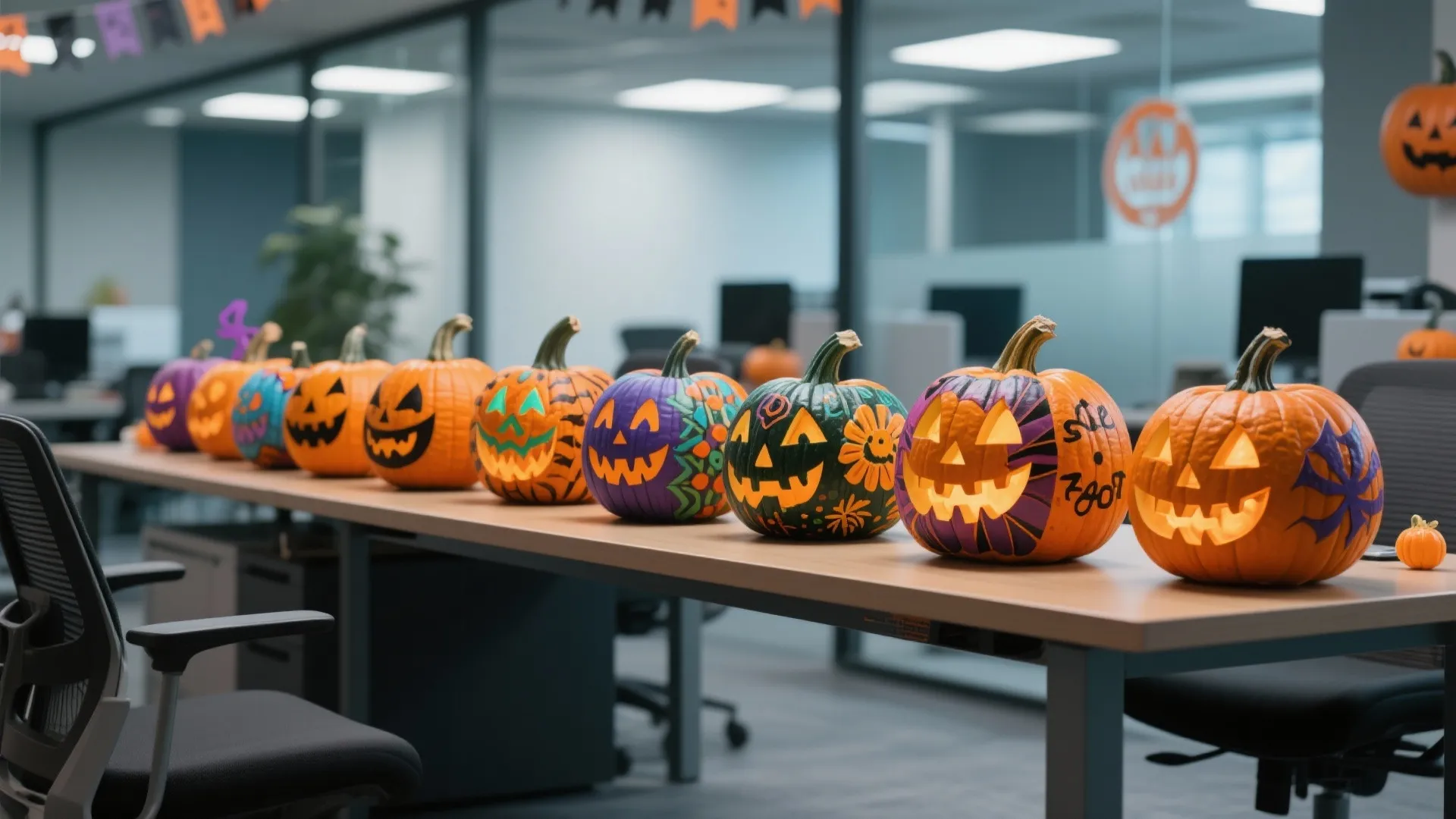 Row of colorful painted Halloween pumpkins with scary faces displayed on a long office desk