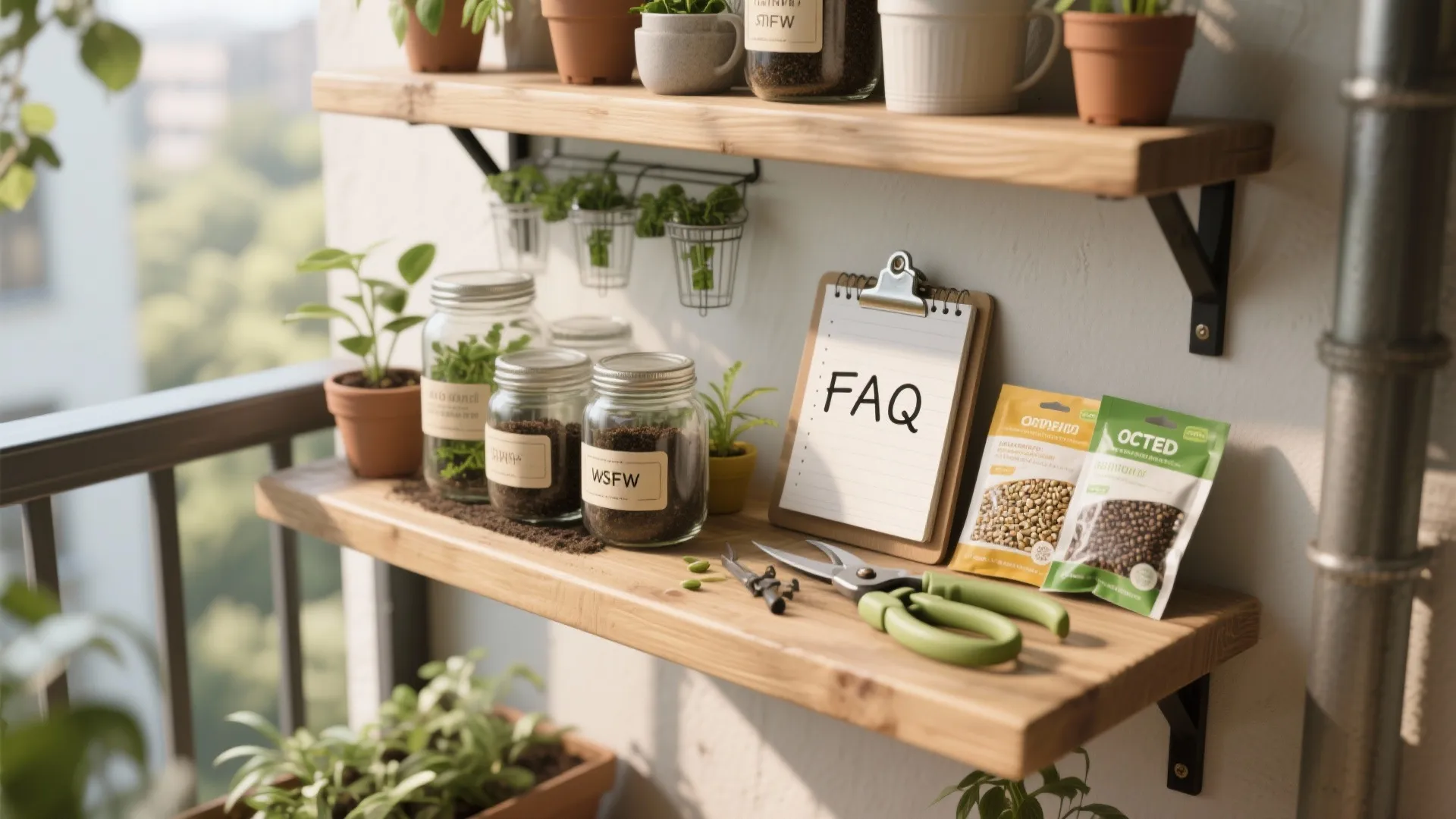 Wooden balcony shelves holding glass jars garden scissors seed packets and a clipboard with FAQ text