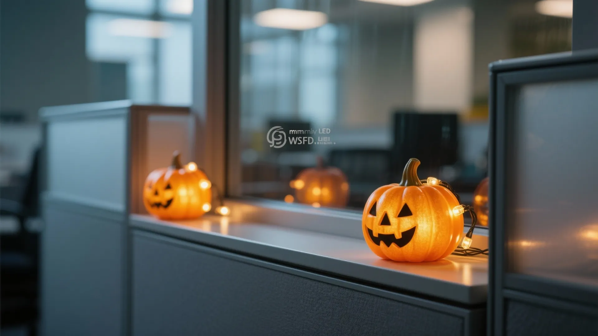 Glowing orange pumpkin lights on a white office wall with soft indoor lighting and background