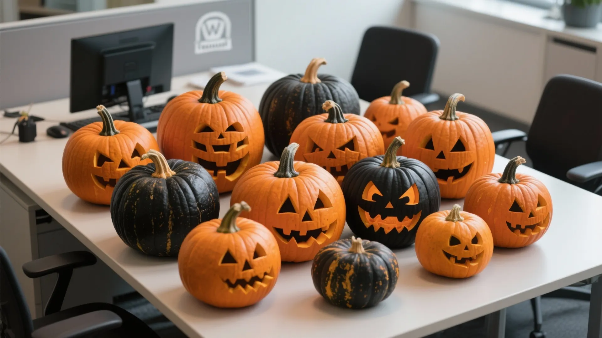 Office desk filled with orange and black carved Halloween pumpkins with smiling faces and chairs