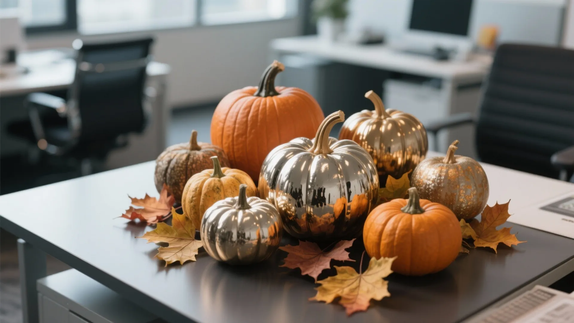 Decorative orange and silver pumpkins with autumn leaves arranged on a dark grey office work desk