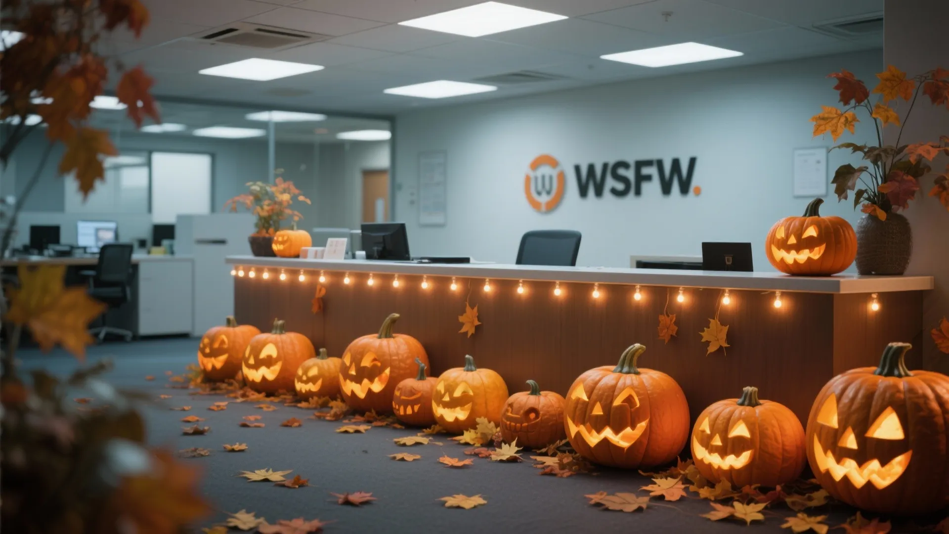 Reception counter with glowing artificial pumpkins