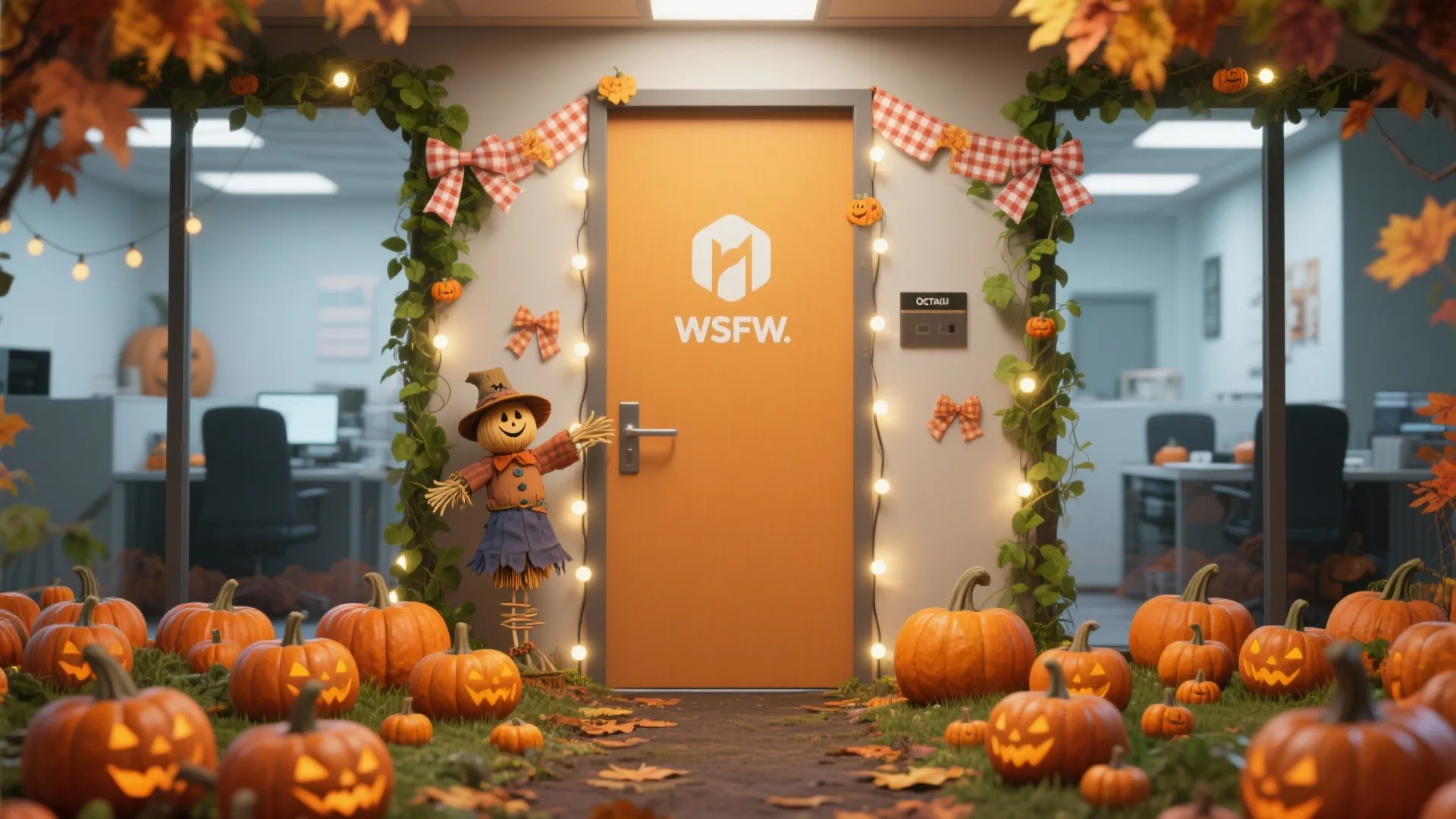 An office door decorated with mini pumpkins, ribbons, and scarecrow