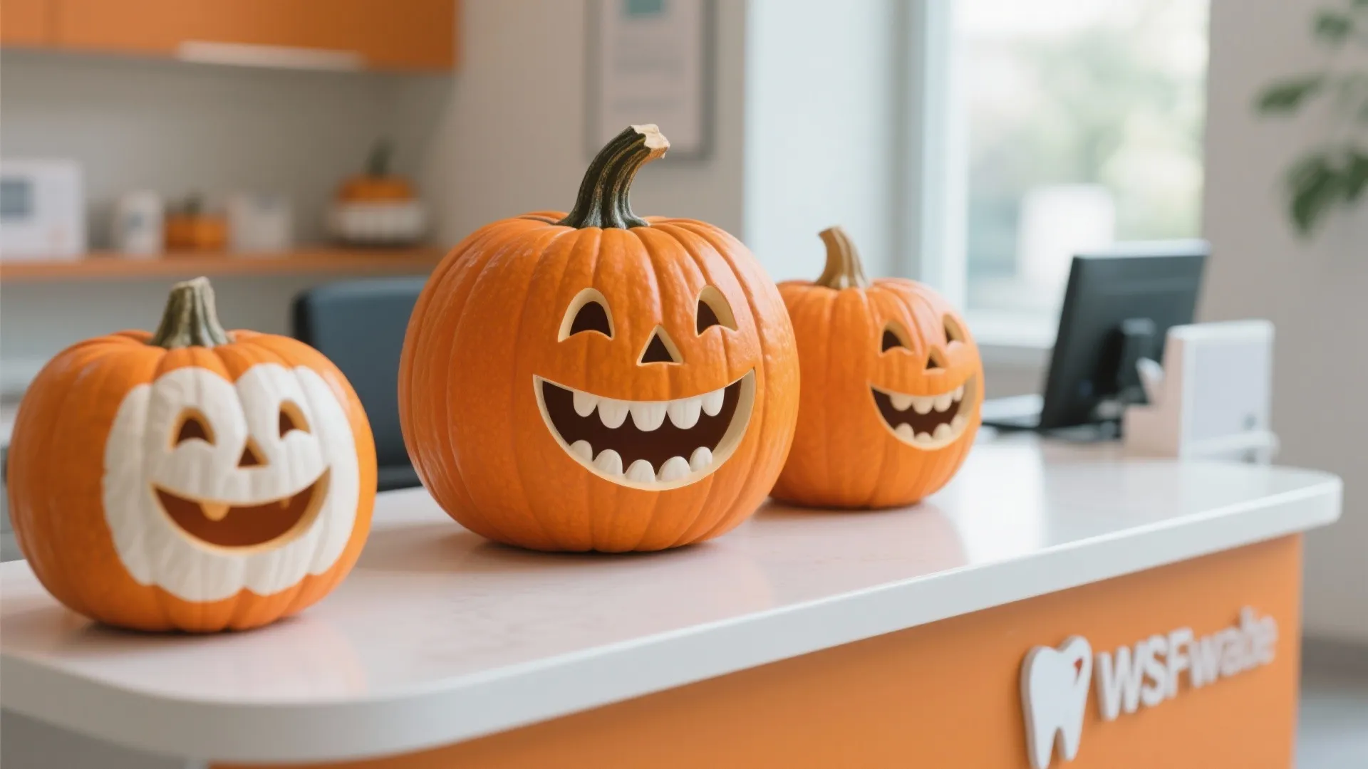 Three carved pumpkins with smiling faces sit on a white reception desk in a clinic