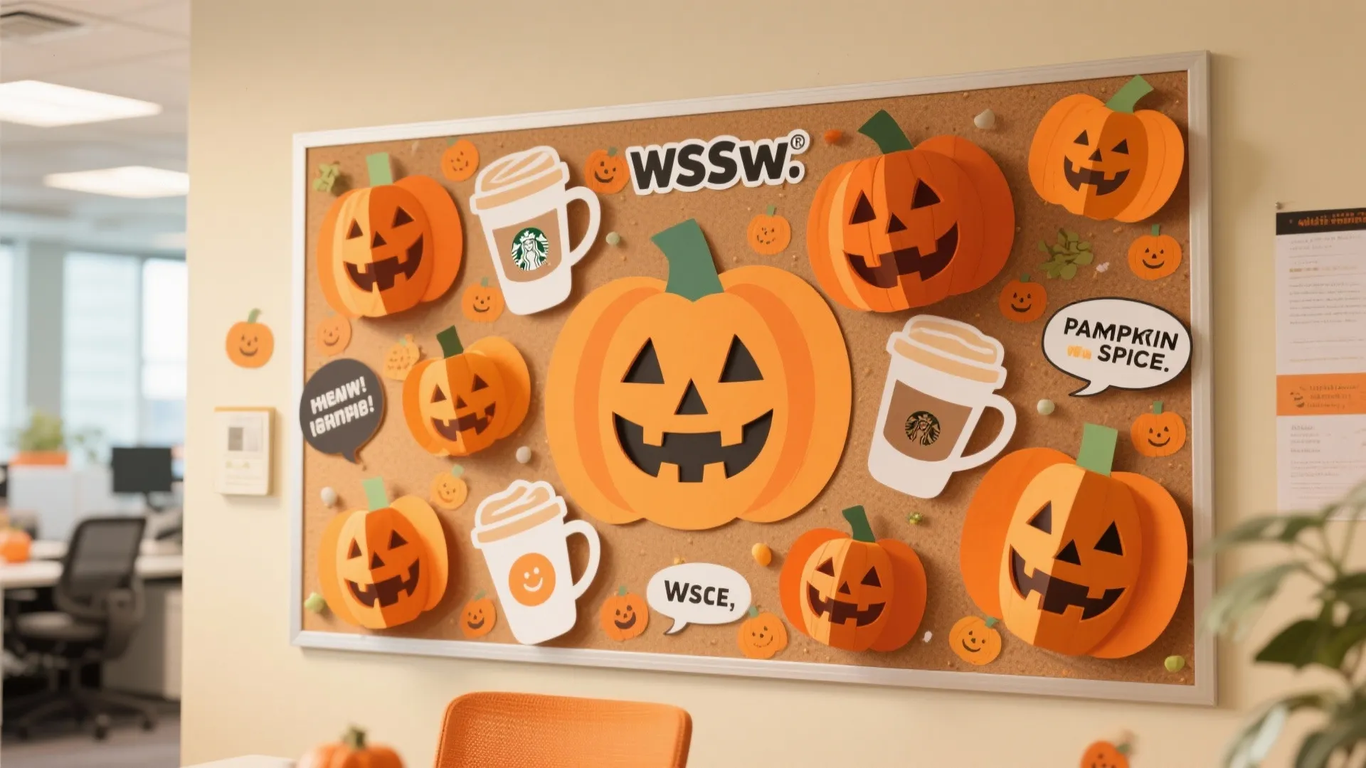 Office bulletin board decorated with paper pumpkins coffee cups and seasonal pumpkin spice theme cutouts