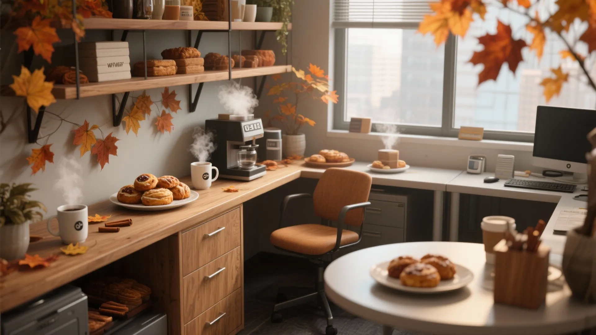 Office desk with a coffee machine, mugs, pastries, autumn leaves, and shelves with fresh bread