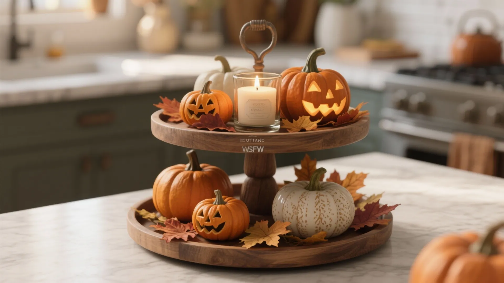 1. Mini pumpkin vignette on a tiered tray