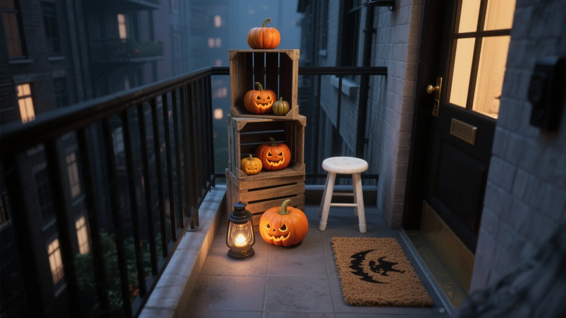 Small balcony with wooden crates holding orange pumpkins a white stool and a black lantern