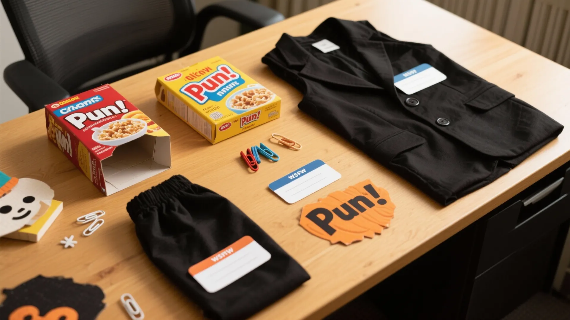 Costume materials including cereal boxes and black clothes on a light colored wooden office desk