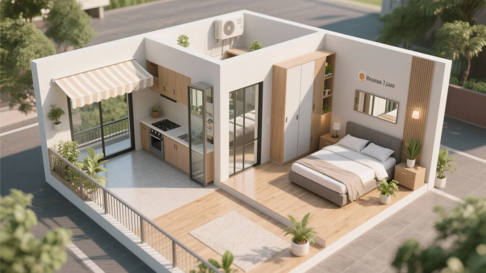 Top-down layout of a Pune 1 BHK showing an open hall with a slider, L-shaped kitchen, calm bedroom, and a monsoon-smart balcony.
