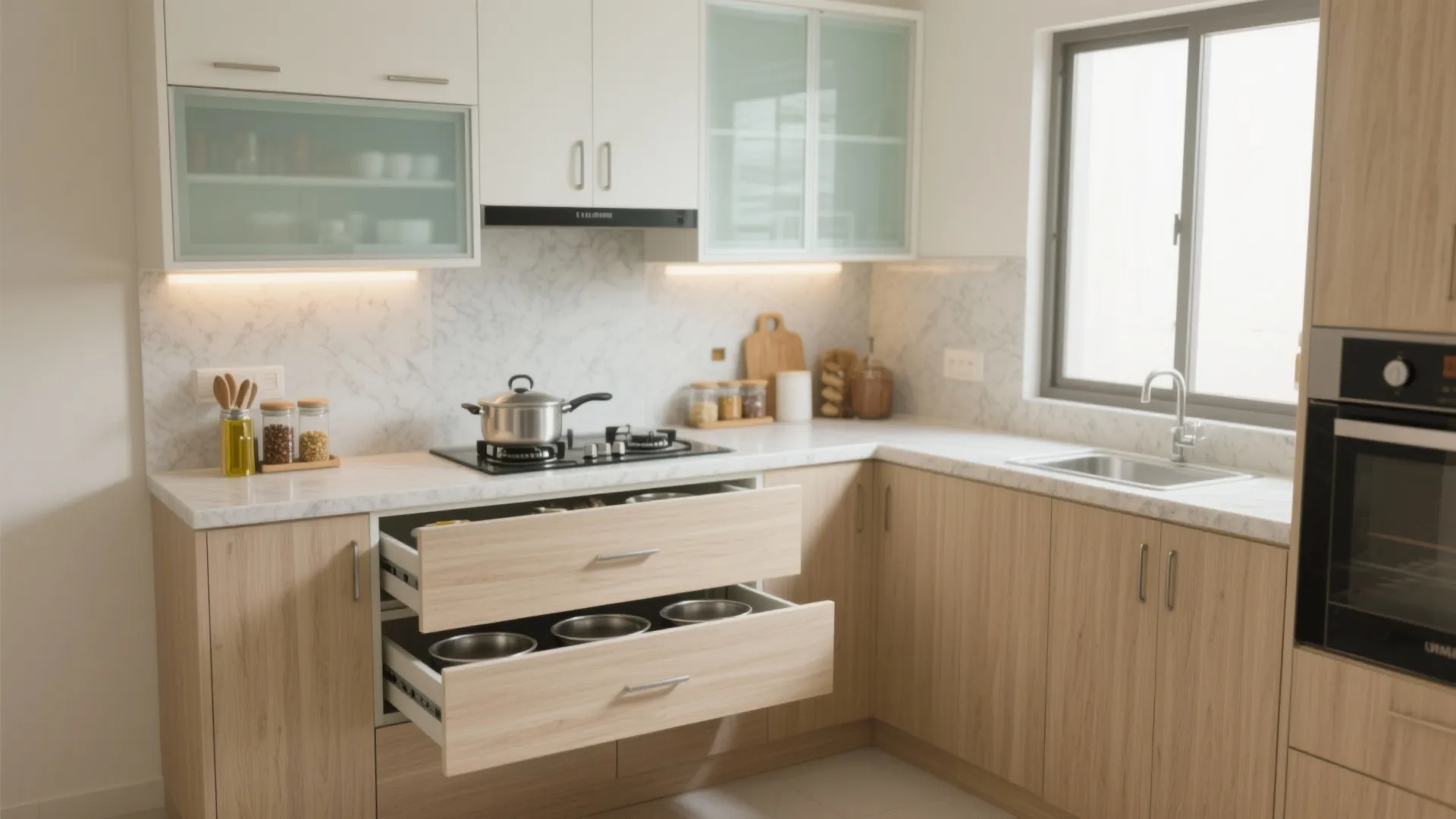 Minimalist kitchen storage for a 1 BHK