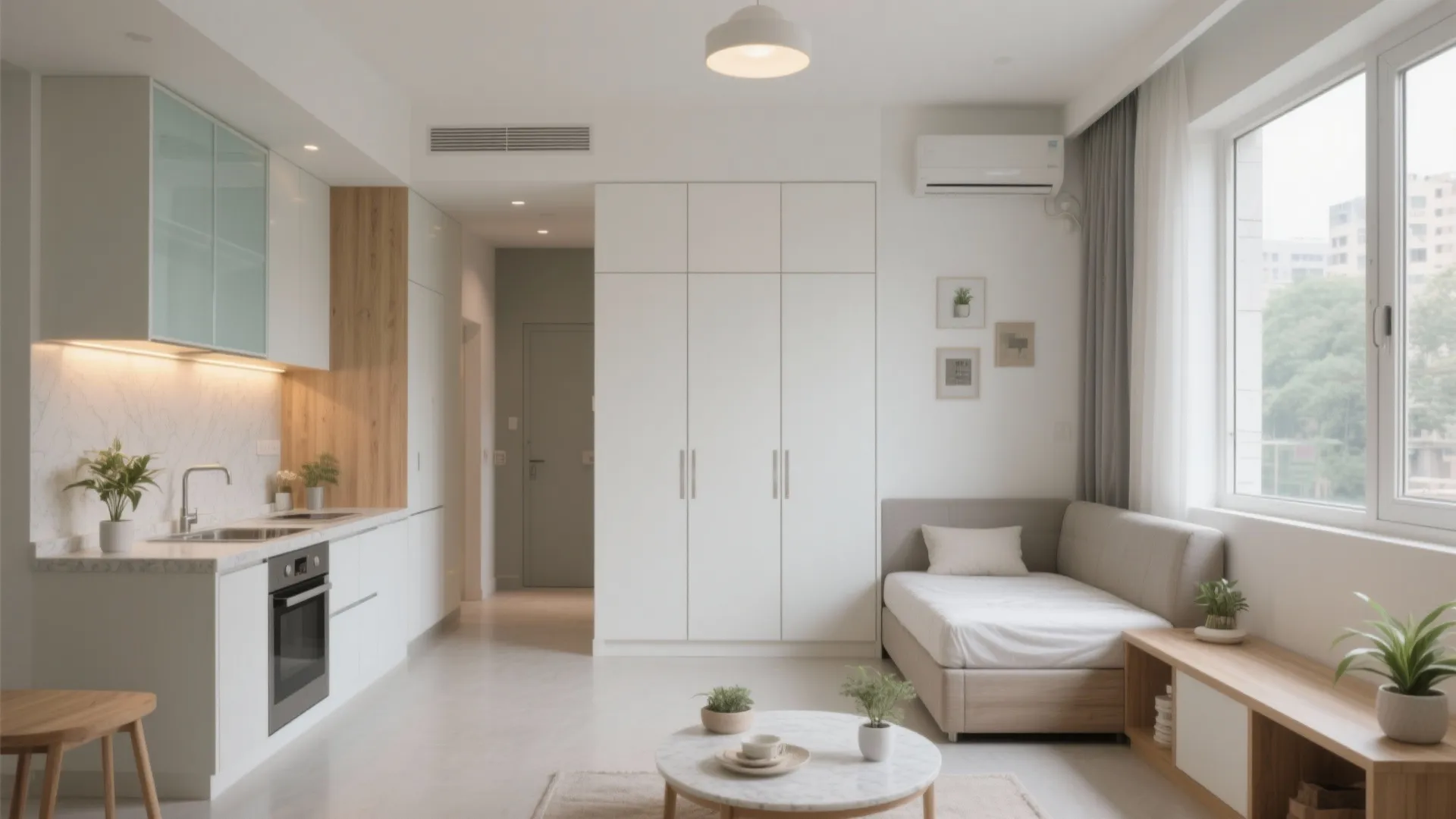 Minimalist white kitchen and studio apartment with small sofa round coffee table and wooden storage unit