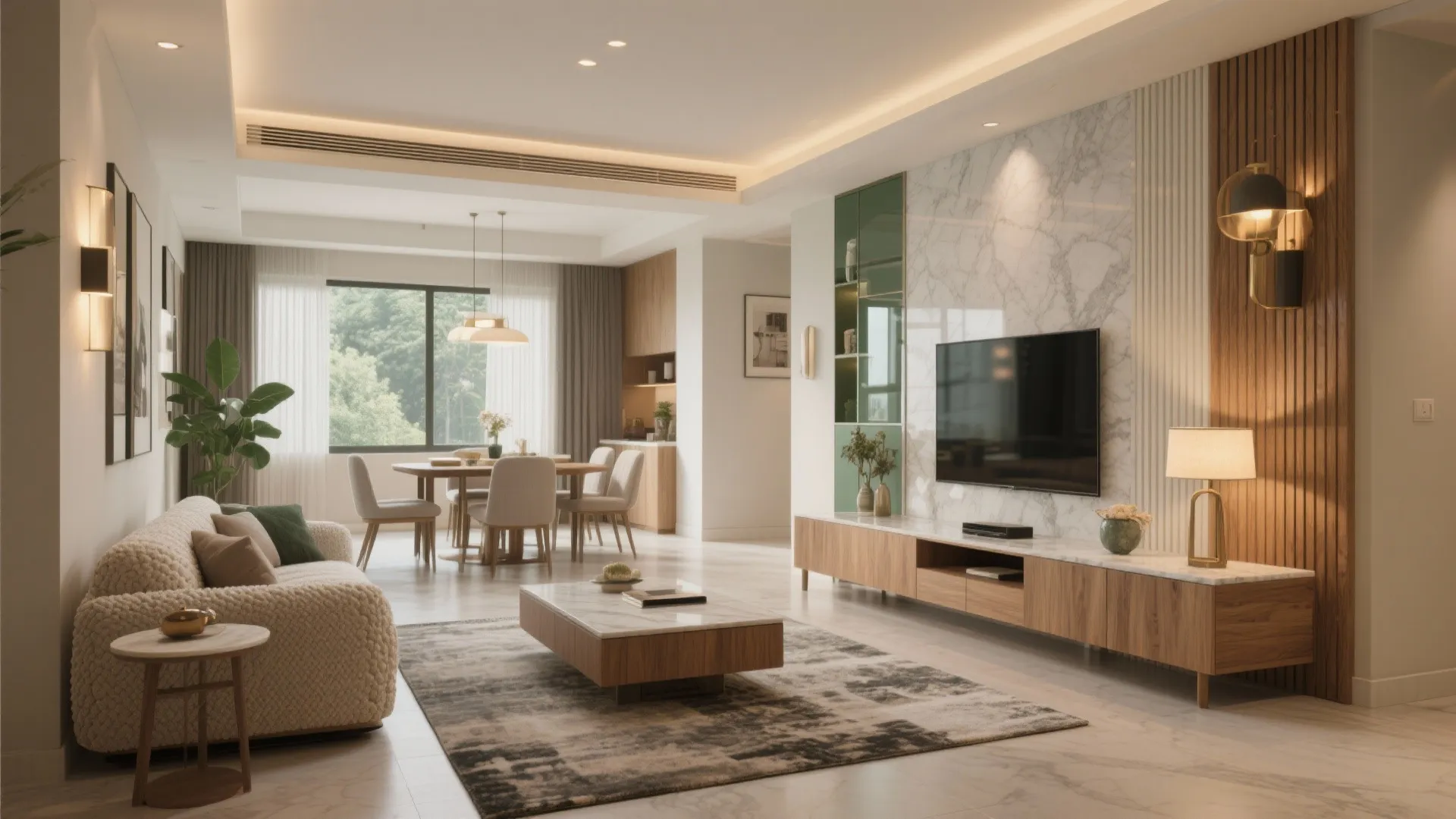Modern living room with television on marble wall wooden cabinet beige sofa and dining table