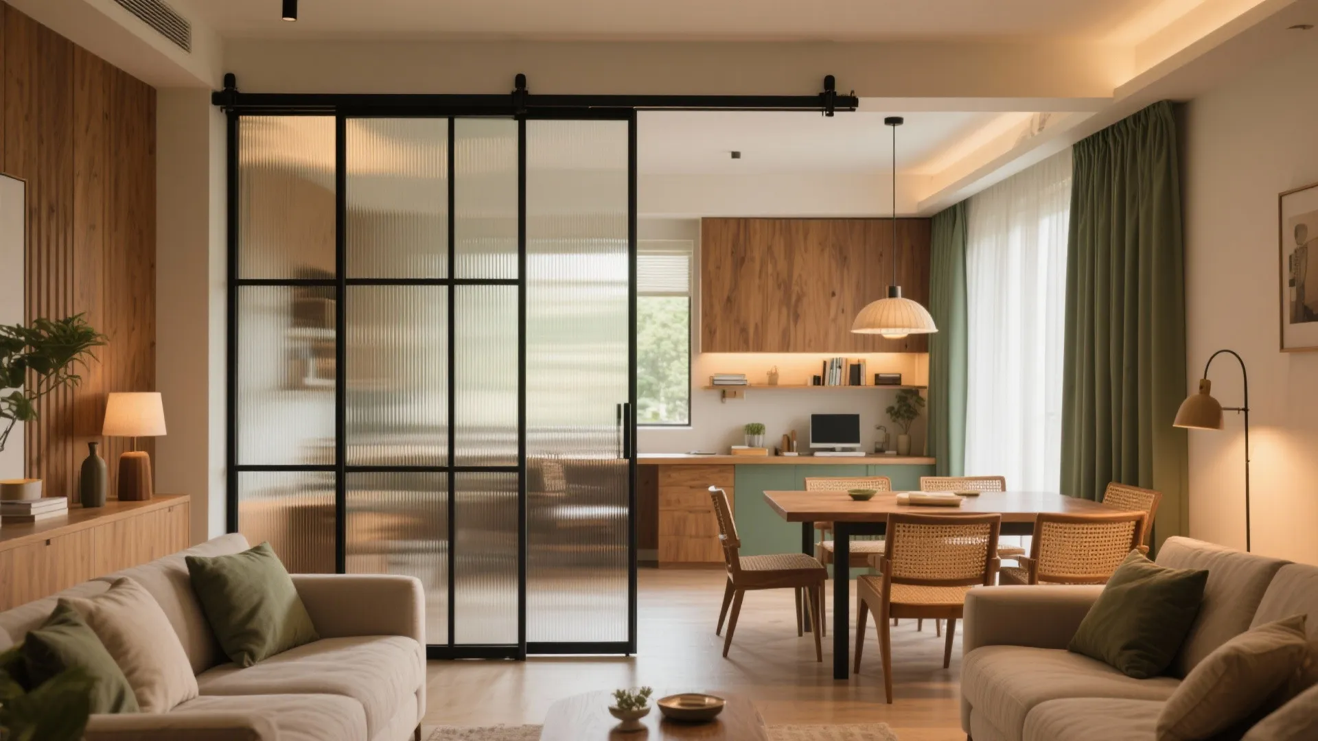 Flexible living–dining with sliding partitions