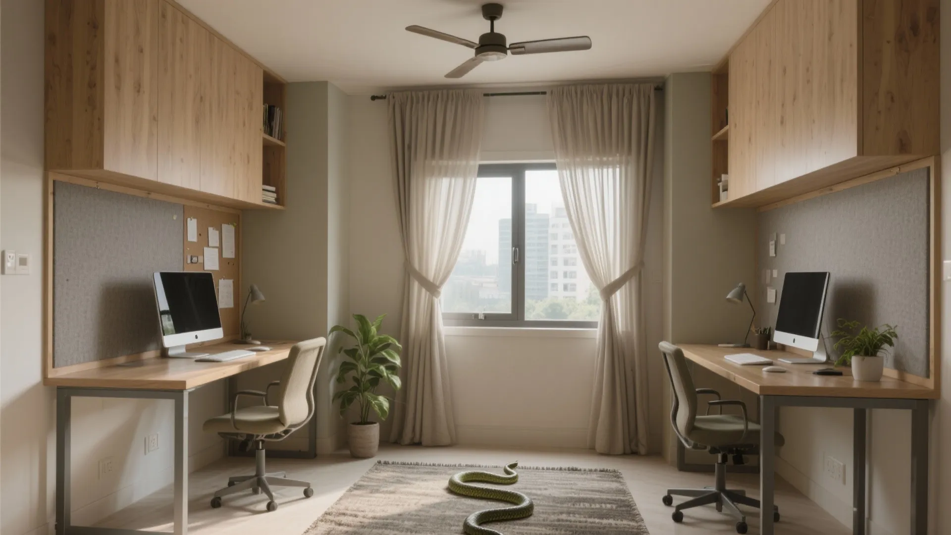 Symmetrical home office with two wood desks grey chairs green plant and light beige curtains