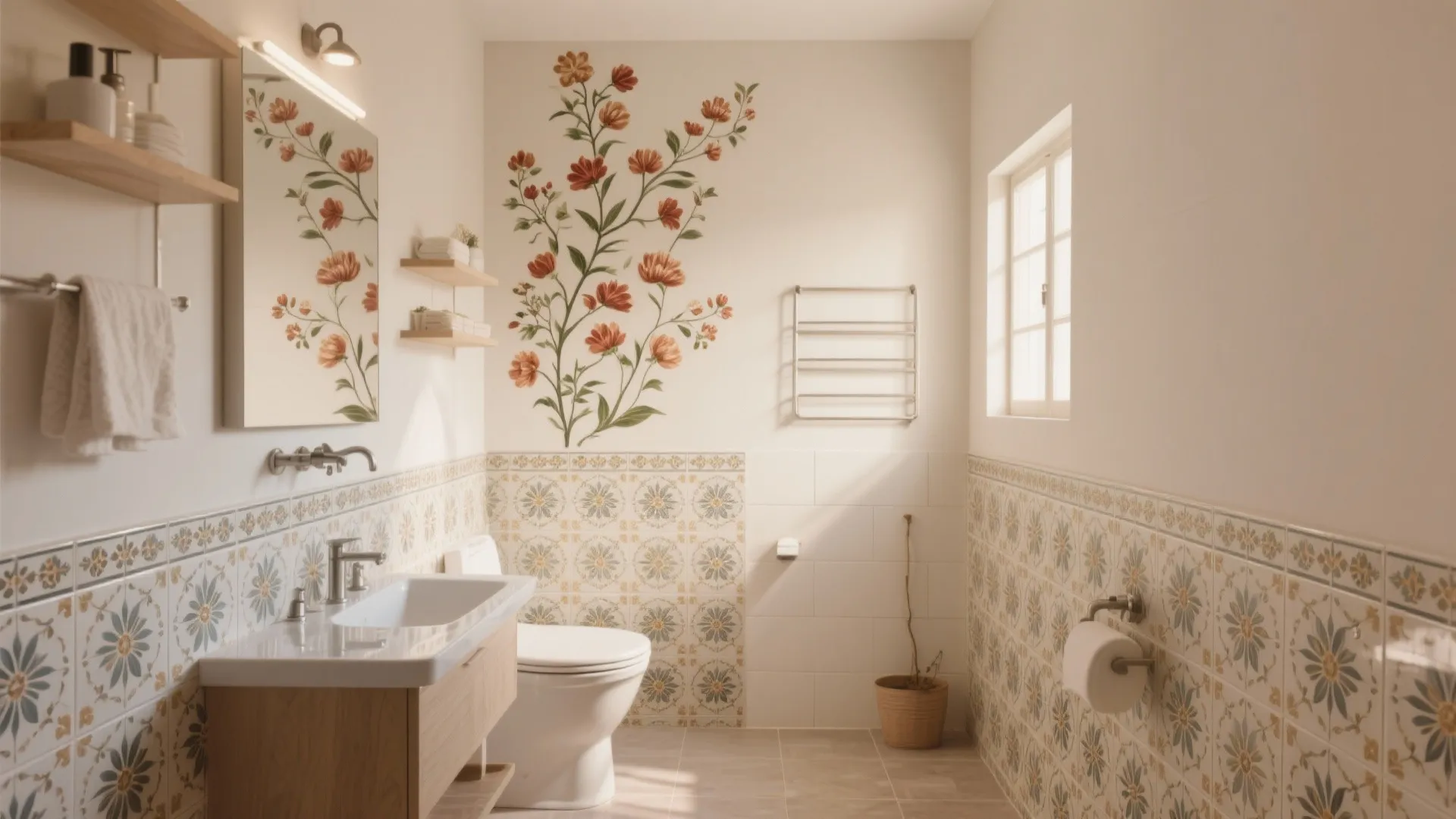 Warm bathroom featuring floral wall art patterned wall tiles white toilet wooden cabinet and natural light