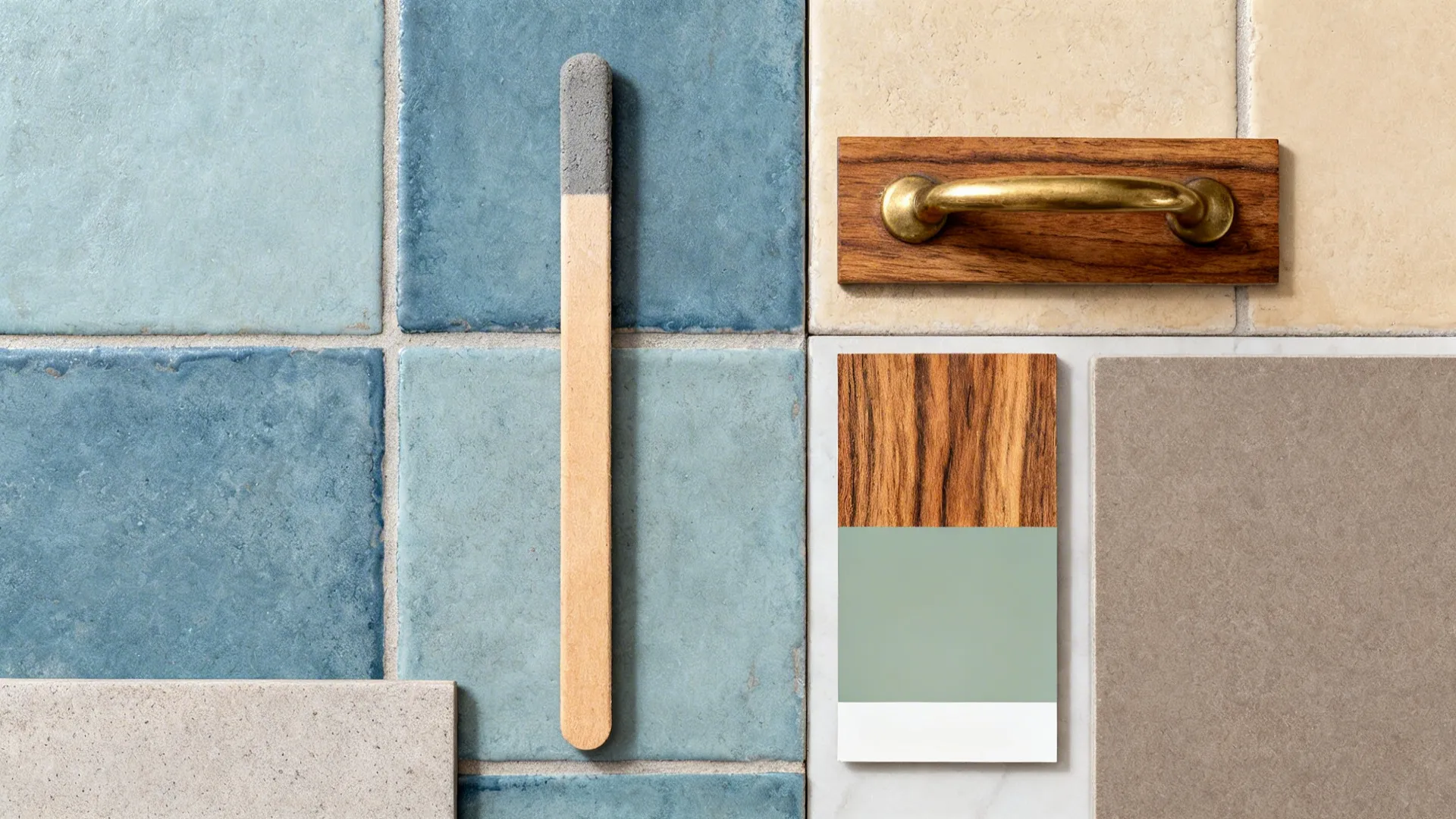 Material flat lay with encaustic-look tile, brass, wood, sage, and matte floor sample.