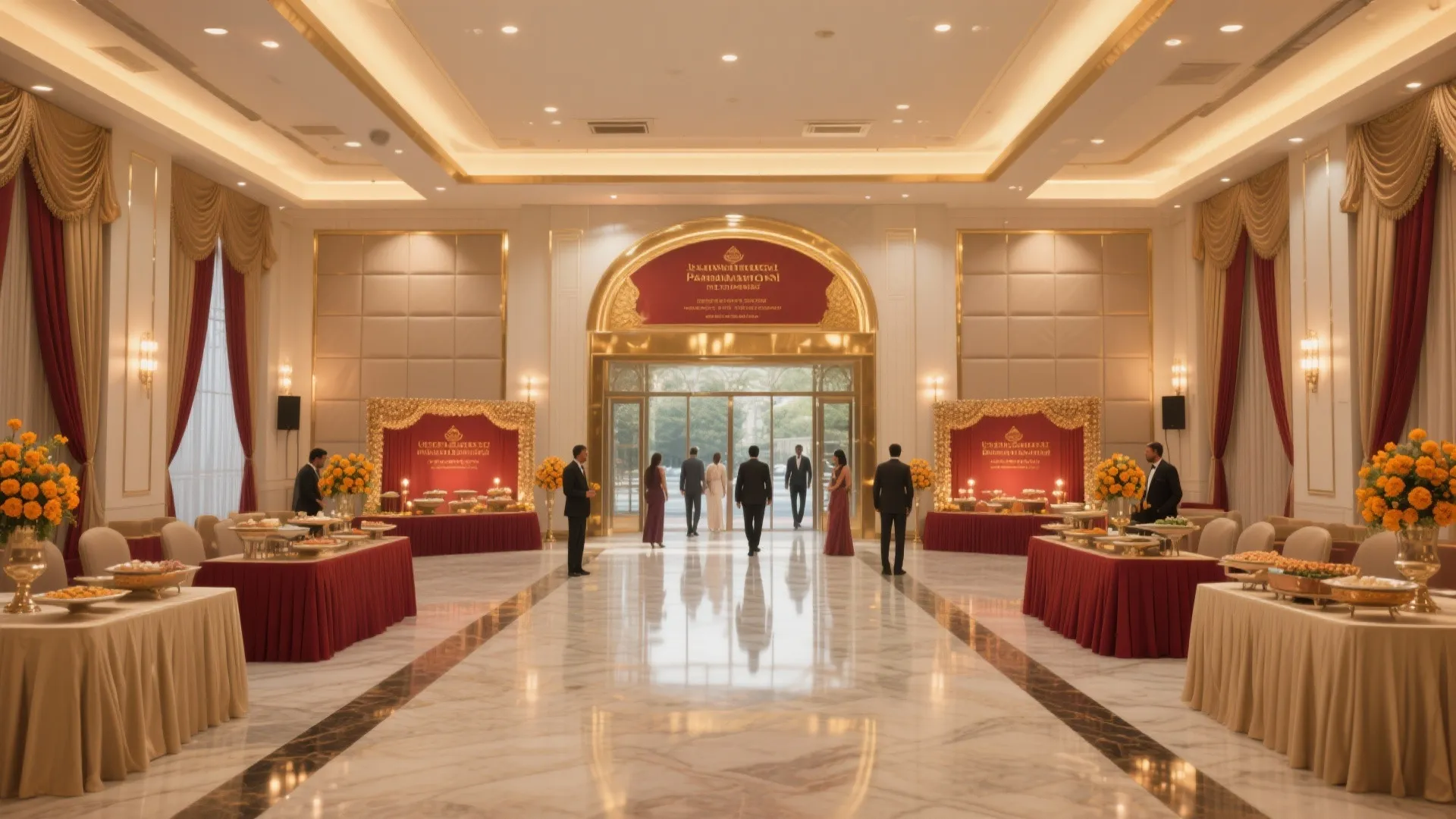 Luxury banquet hall interior design drawing with gold ceiling lights red curtains and food tables