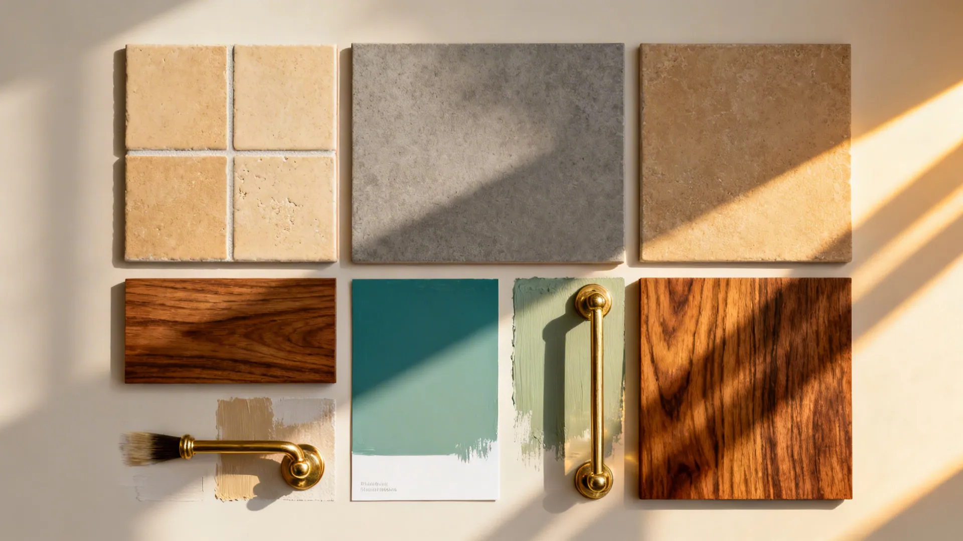Warm neutrals with muted teal and sage alongside brass and wood samples.