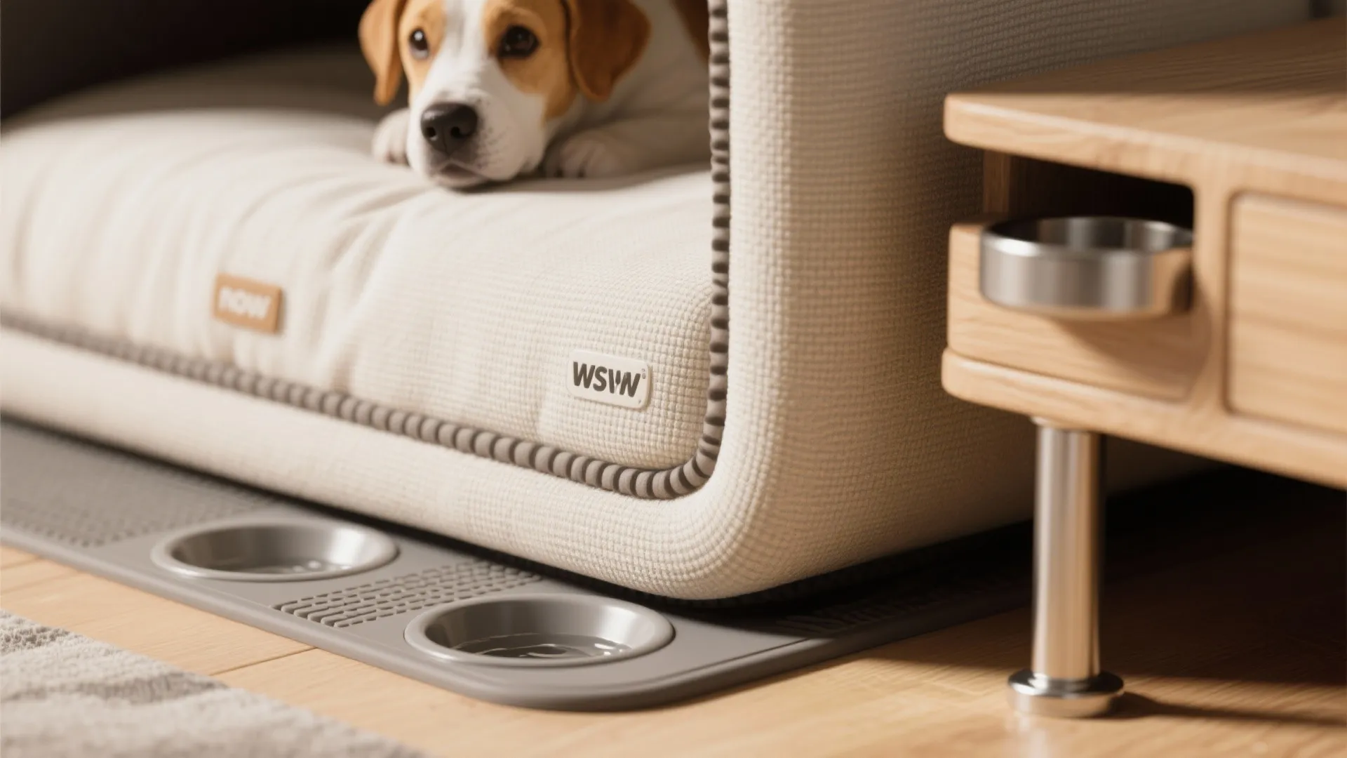 Built-in pup nook under a console