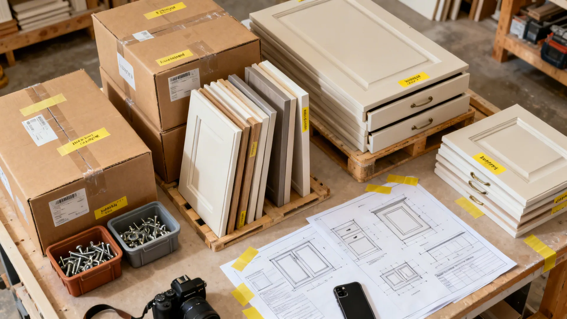 Top-down view of labeled cabinet boxes, stacked fronts, and organized hardware bins.